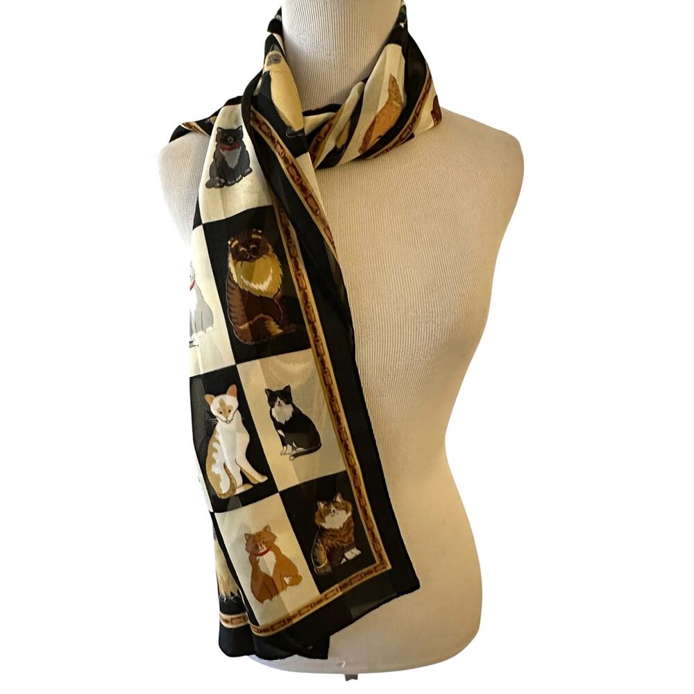 Cat Checkerboard Scarf Black Cream Brown Rectangle Novelty Whimsical Retro - Picture 7 of 7